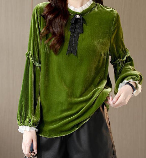 Women Green Ruffled Patchwork Velour Shirt Top Spring