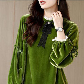 Women Green Ruffled Patchwork Velour Shirt Top Spring