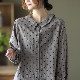 Women Grey Button Ruffled Dot Fall Shirt Tops Long sleeve