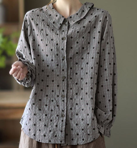 Women Grey Button Ruffled Dot Fall Shirt Tops Long sleeve