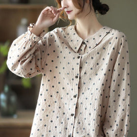 Women Grey Button Ruffled Dot Fall Shirt Tops Long sleeve