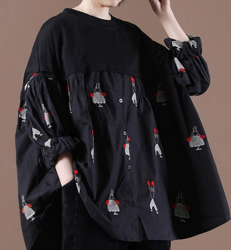 Women Patchwork Spring Blouse Black Tops