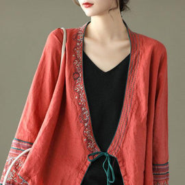 Women Red Embroideried Long sleeve Linen Shirt