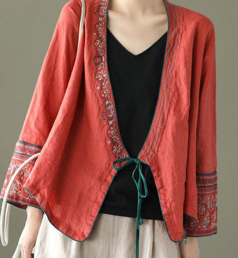 Women Red Embroideried Long sleeve Linen Shirt