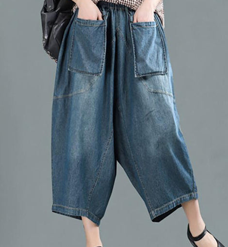 Women Spring Casual Big Pockets Solid Loose Jeans