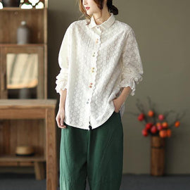 Women White Embroidery shirts Lapel white button loose Spring blouse