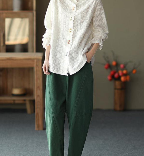 Women White Embroidery shirts Lapel white button loose Spring blouse