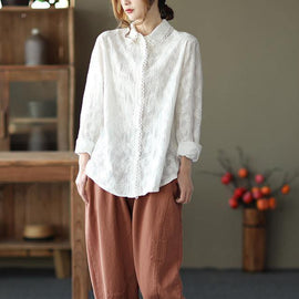 Women White Embroidery shirts Lapel white button loose Spring blouse