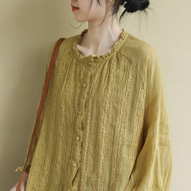 Women Yellow Button Embroideried Linen Shirts Long Sleeve