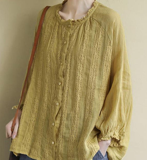 Women Yellow Button Embroideried Linen Shirts Long Sleeve