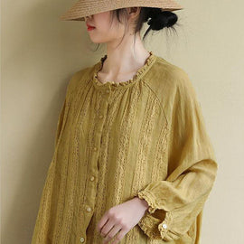 Women Yellow Button Embroideried Linen Shirts Long Sleeve