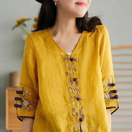 Women Yellow Casual Ramie Cardigan Embroidered Shirt