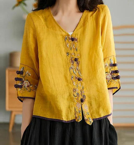 Women Yellow Casual Ramie Cardigan Embroidered Shirt