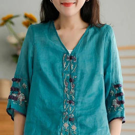 Women Yellow Casual Ramie Cardigan Embroidered Shirt