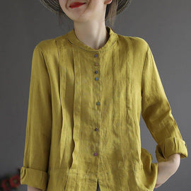 Women Yellow Elegant Button Fall Top Long Sleeve Linen