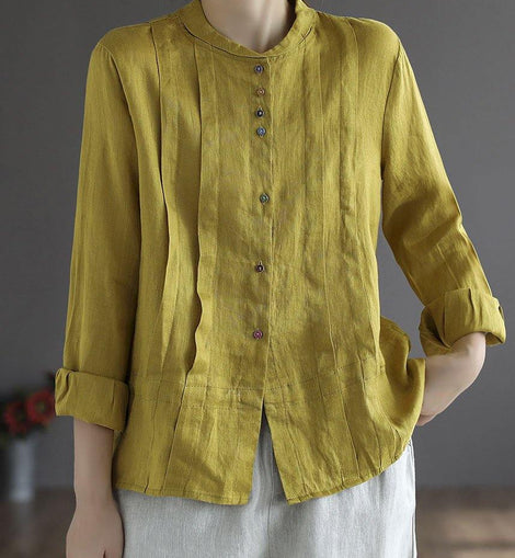 Women Yellow Elegant Button Fall Top Long Sleeve Linen