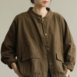 Women chocolate fine coat for woman stand collar Button Down coat