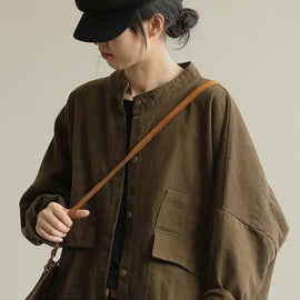 Women chocolate fine coat for woman stand collar Button Down coat