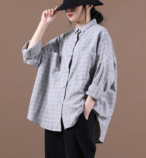 Women lapel pockets clothes Inspiration light gray plaid shirts