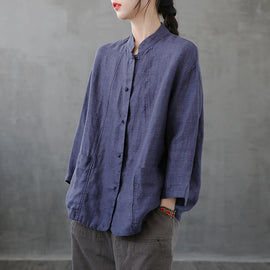 Women stand collar pockets tunics Sewing dark blue top