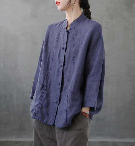 Women stand collar pockets tunics Sewing dark blue top