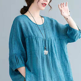 Women o neck half sleeve linen summer tunic pattern Sewing blue shirt