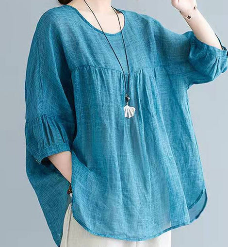 Women o neck half sleeve linen summer tunic pattern Sewing blue shirt