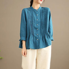 Organic Blue Spring Linen Shirt Tunics Casual Cotton Blouse