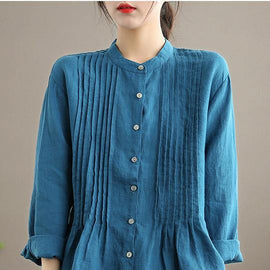 Organic Blue Spring Linen Shirt Tunics Casual Cotton Blouse