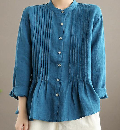 Organic Blue Spring Linen Shirt Tunics Casual Cotton Blouse