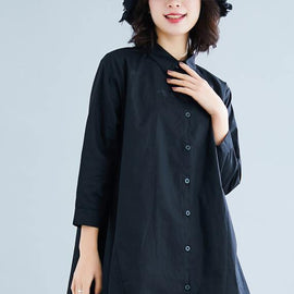 diy lapel asymmetric cotton linen clothes For Women black daily shirt