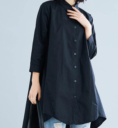 diy lapel asymmetric cotton linen clothes For Women black daily shirt