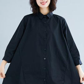 diy lapel asymmetric cotton linen clothes For Women black daily shirt