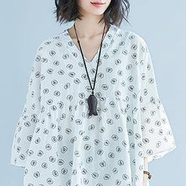 DIY White Print Chiffon Blouse Korea Batwing Sleeve V Neck Tunic Summer Shirt﻿