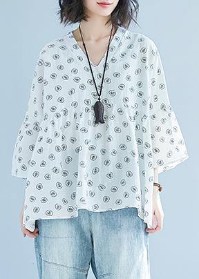 DIY White Print Chiffon Blouse Korea Batwing Sleeve V Neck Tunic Summer Shirt﻿