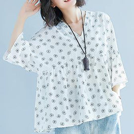 DIY White Print Chiffon Blouse Korea Batwing Sleeve V Neck Tunic Summer Shirt﻿