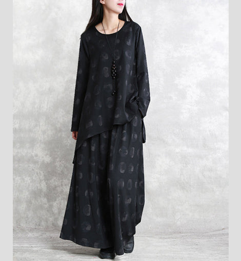 fasion black print pure cotton blended blouse plus size two pieces 2018 long sleeve asymmetric o neck pockets cotton blended tops baggy trouse