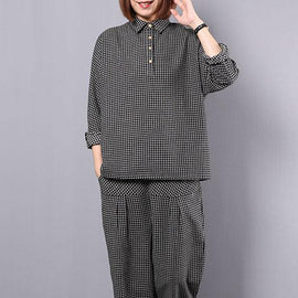 new autumn black plaid cotton lapel collar long sleeve shirt and patchwork elastic waist pants two pieces