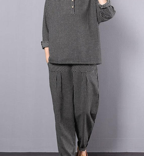 new autumn black plaid cotton lapel collar long sleeve shirt and patchwork elastic waist pants two pieces