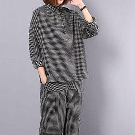 new autumn black plaid cotton lapel collar long sleeve shirt and patchwork elastic waist pants two pieces