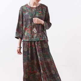 New Green Floral Chiffon Two Pieces O Neck Casual Tops With Women Loose Wide-leg Pants