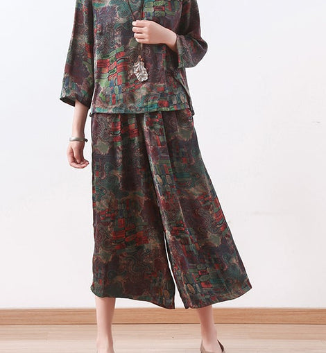 New Green Floral Chiffon Two Pieces O Neck Casual Tops With Women Loose Wide-leg Pants