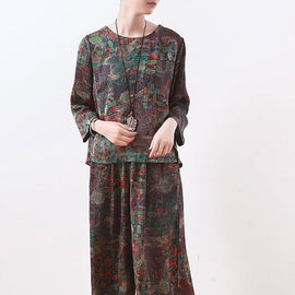 New Green Floral Chiffon Two Pieces O Neck Casual Tops With Women Loose Wide-leg Pants