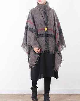 oversize dark gray tassel high neck sweater plaid women casual cloak