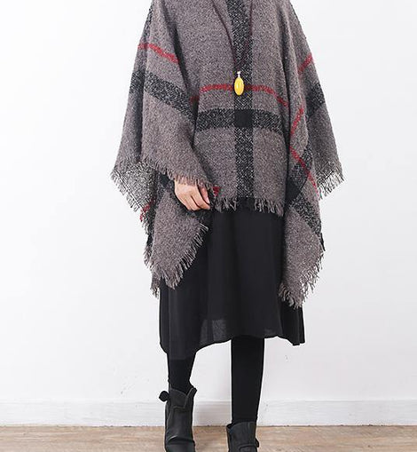 oversize dark gray tassel high neck sweater plaid women casual cloak