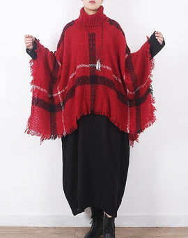 red plaid tassel cloak women casual high neck knit sweater
