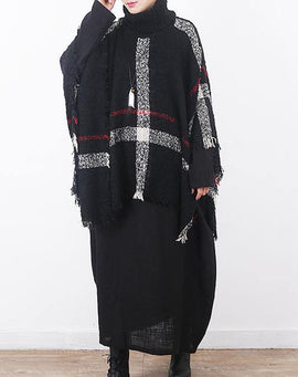 winter original design plaid high neck knit tops oversize black tassel cloak