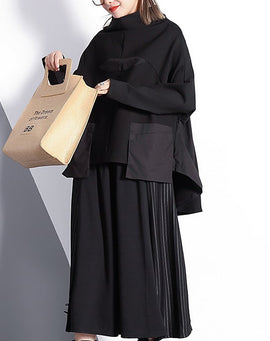women black cotton blended blouse plus size Turtleneck pockets women batwing Sleeve patchwork cotton blended t shirt