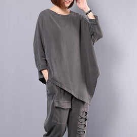 women cotton gray asymmetric tops and big pockets sport pants two pieces