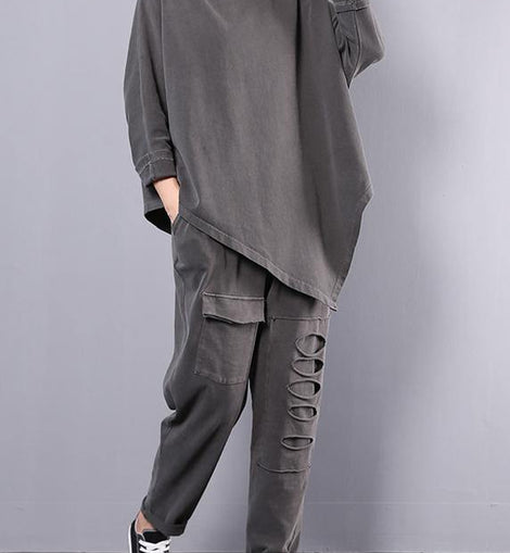 women cotton gray asymmetric tops and big pockets sport pants two pieces